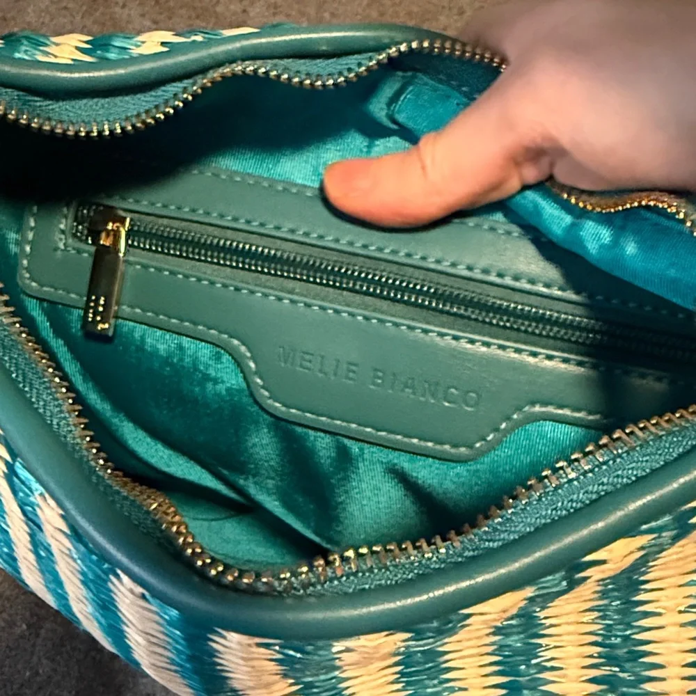 Melie Bianco Teal and White Woven Hobo Bag
